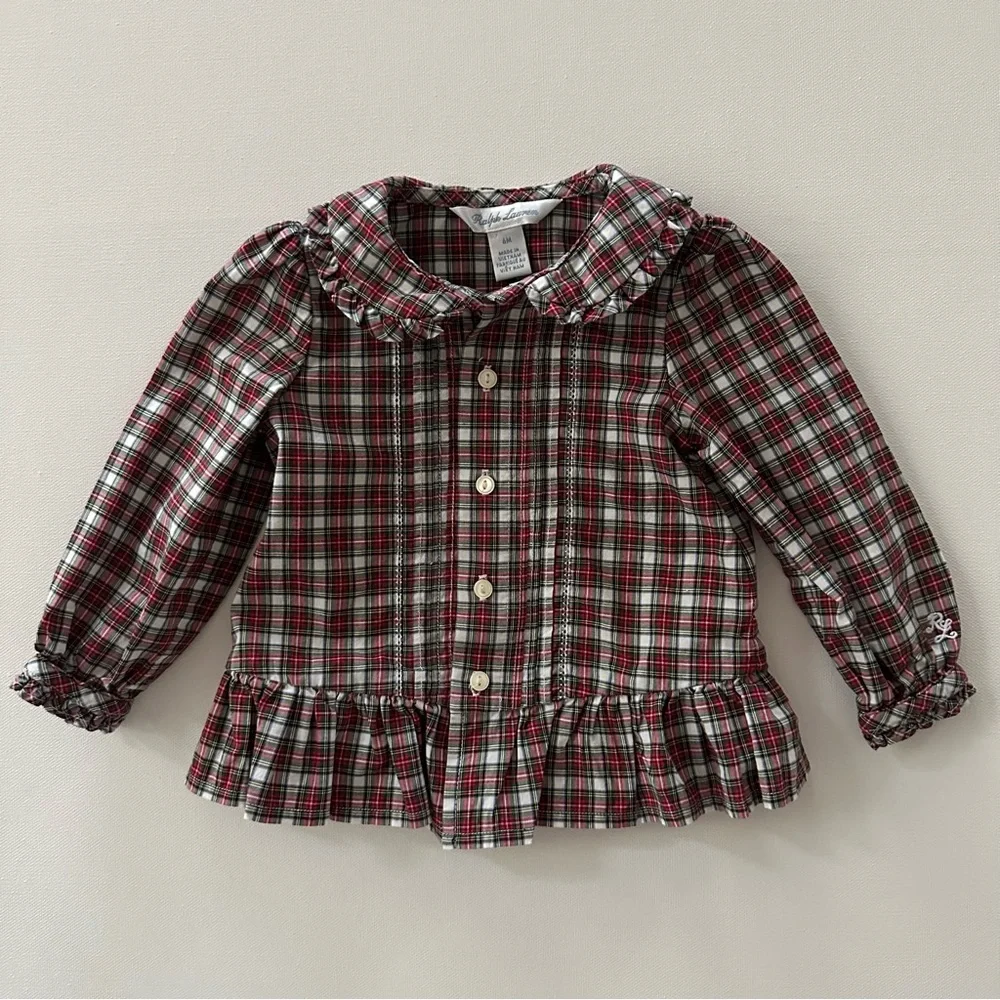 Ralph Lauren 6 Months Baby Girl Red Plaid Ruffle Collar Shirt Holiday Christmas